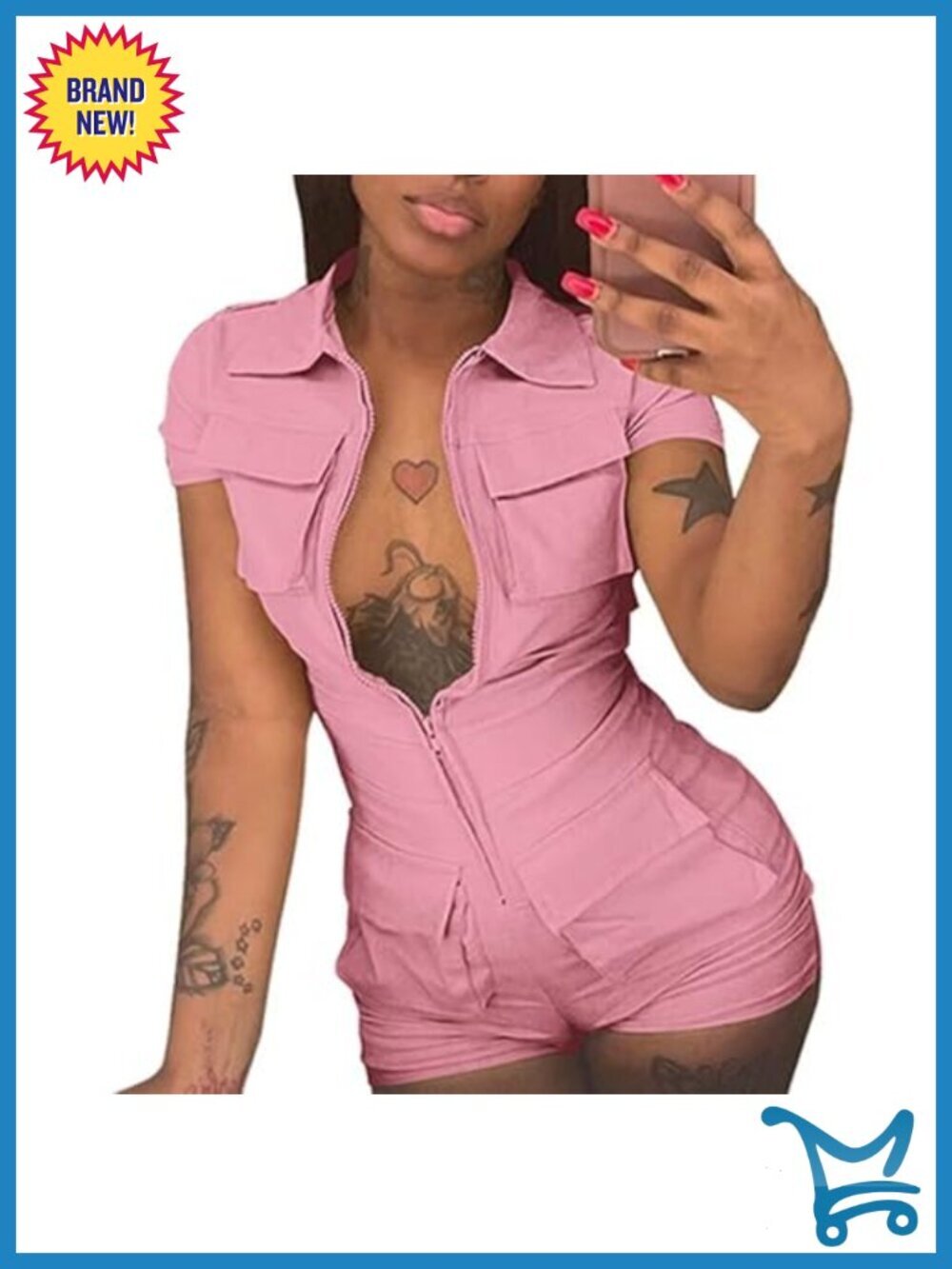 Sexy Zip Up Bodycon Short Sleeve Romper with Pockets